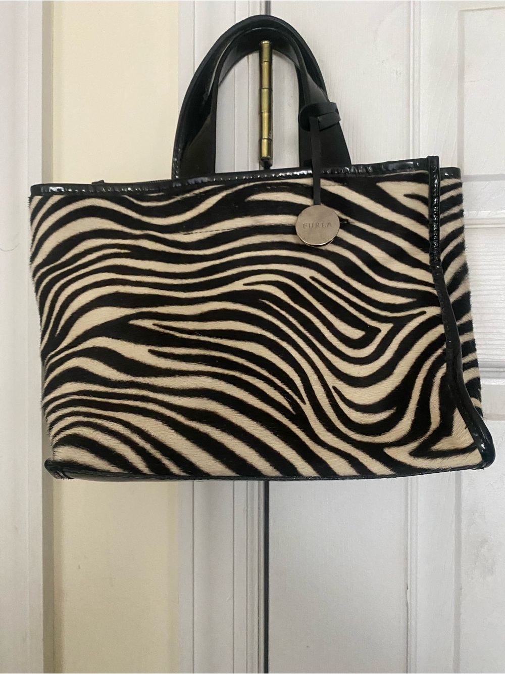 Furla Zebra-Print Top-Handle Tote in Black and Cream